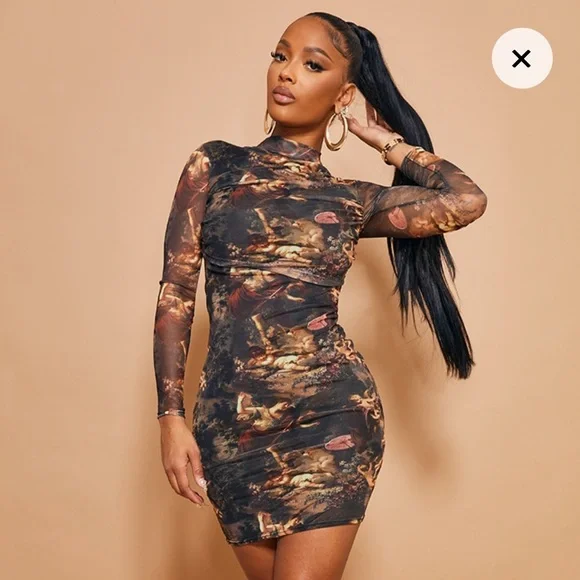 renaissance bodycon dress Women's Shape Renaissance Print High Neck Mesh Bodycon Dress